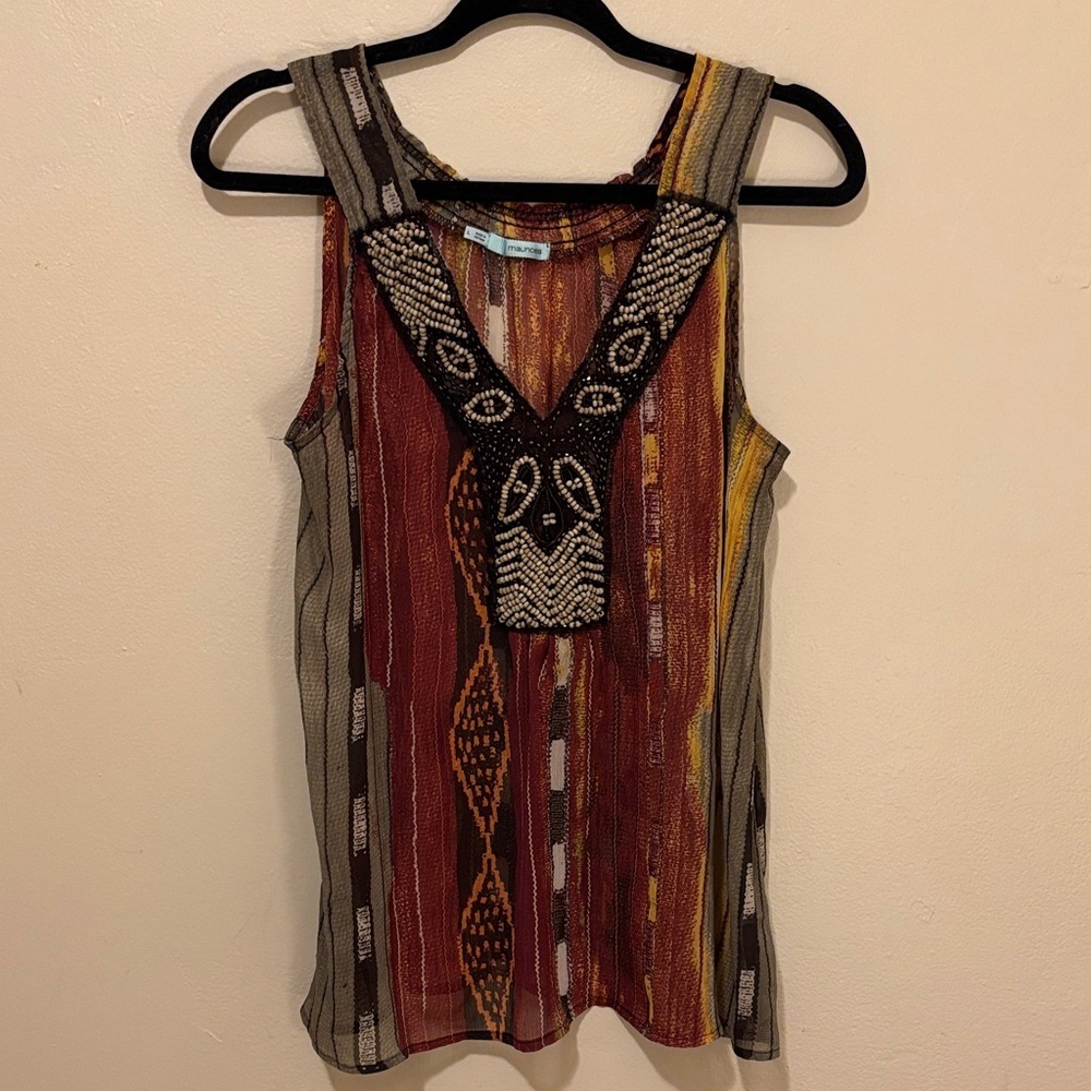 Maurices Brown and Black Sleeveless Blouse with Beaded Neckline - Picture 1 of 3